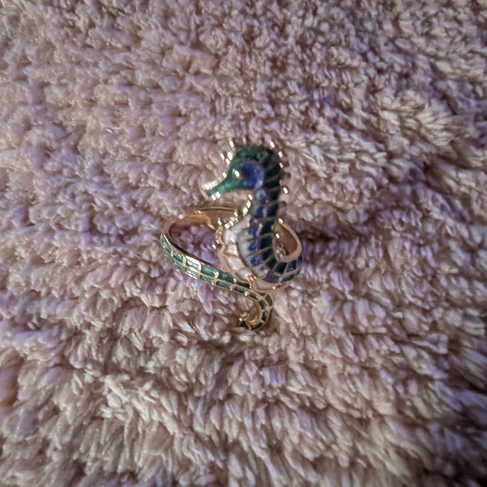 Seahorse Ring Adjustable - Green, Blue, Gold - Picture 3 of 6